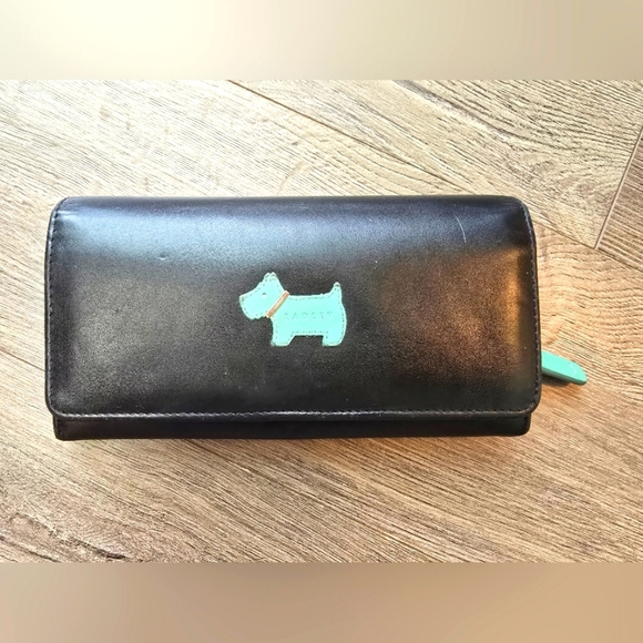 Radley London Heritage Scotty Black Teal Large Leather Flapover Wallet